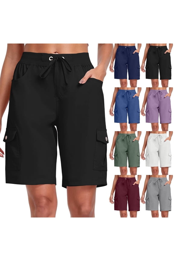 9" 10" Inseam Hiking Cargo Shorts Womens 6 Pockets Pull on Bermuda Shorts Lightweight Quick Dry Outdoor Workout Running Athletic Short Summer Travel Loose Black S