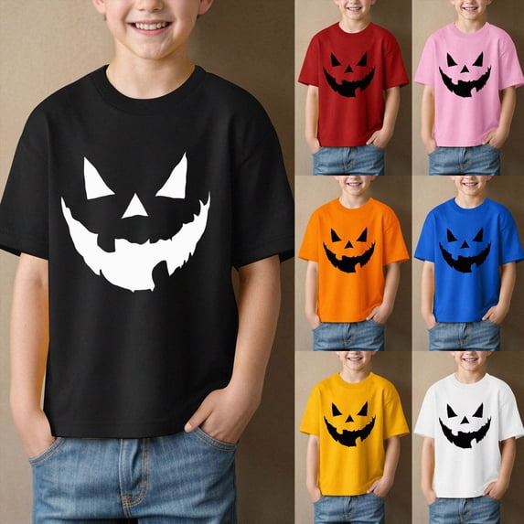 9-10 Years Boys' Halloween Pumpkin Printed Girls' Short Sleeved T Shirt Halloween Spooky Season Tops Back-To-School Pajamas & Dailywear Orange Halloween T-Shirt