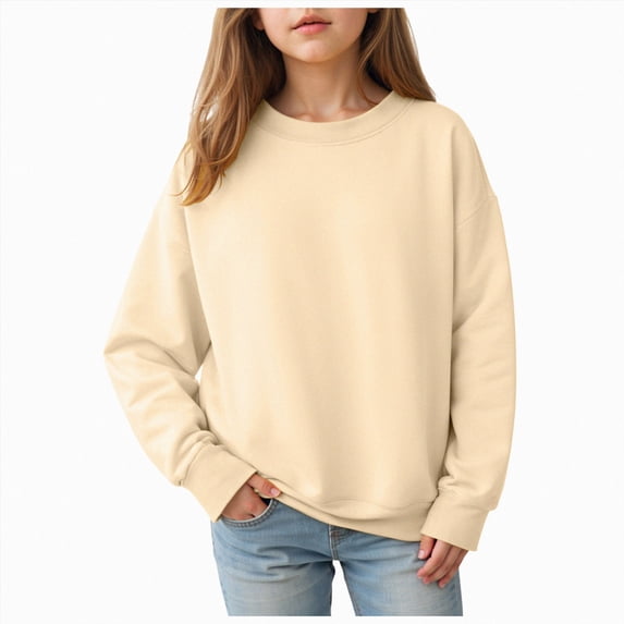 9-10 Years Child Girls Long Sleeved Drop Shoulder Sweatshirtst Warm Girls Hoodless Sweatshirts Youth Long Sleeve Oversized Hooded Sweatshirts Beige Sweatshirtst