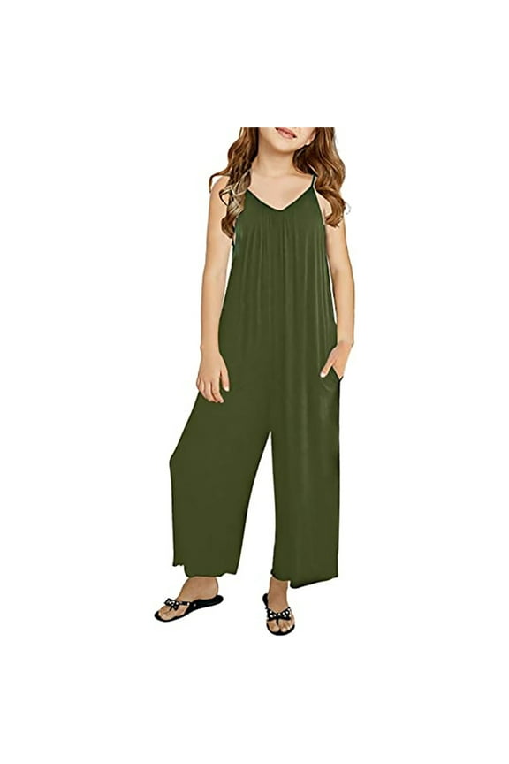 9-10 Years Girls Jumpsuits Kids Sleeveless Spaghetti Straps Romper Long Pants with Pockets Army Green