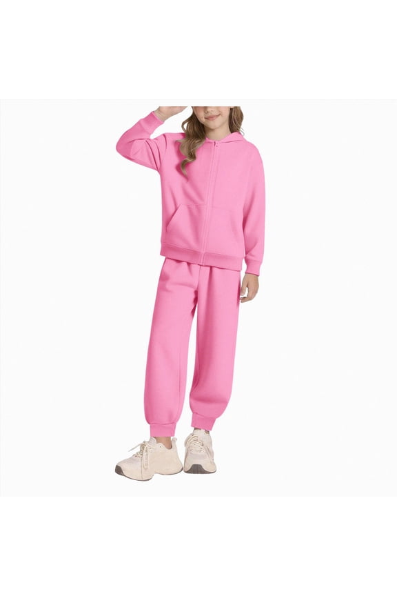 9-10 Years Toddler Jogging Suit Girls Boys 2 Piece Sportswear Kids Zip Hoodie Jogging Bottoms Outfit Plain Warm Tracksuit Sports Suit Sets School Clothing Sets Pink Girl Set