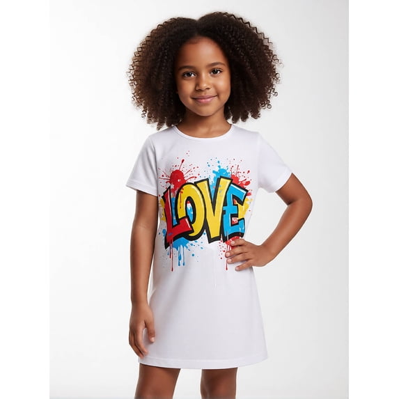 9-10Y Girls Short Sleeve Dress Digital Print Casual