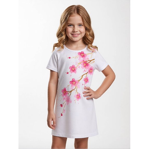 Girls Chic Casual Short Sleeve Dress Relaxed-Fit Sundress Stretchy Back to School for Kids Girls Age 5-13 Classic Round Neck