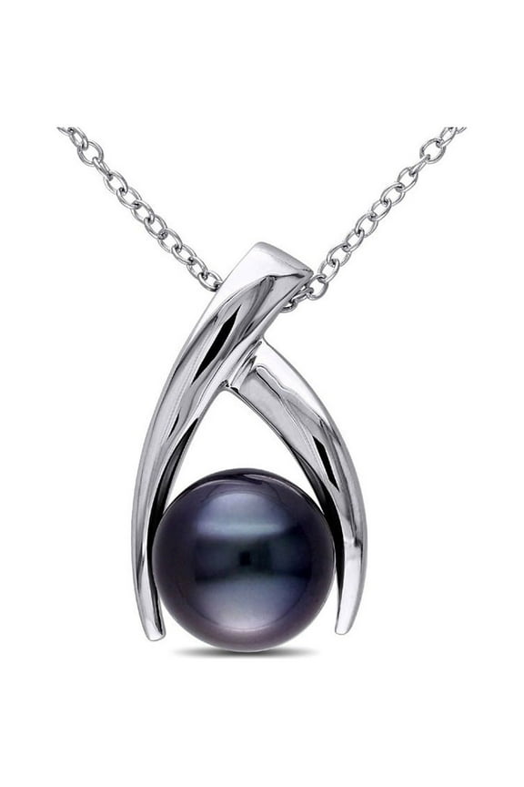 9-10mm Black Tahitian Cultured Pearl Pendant Necklace with Sterling Silver ChainSilver for Women