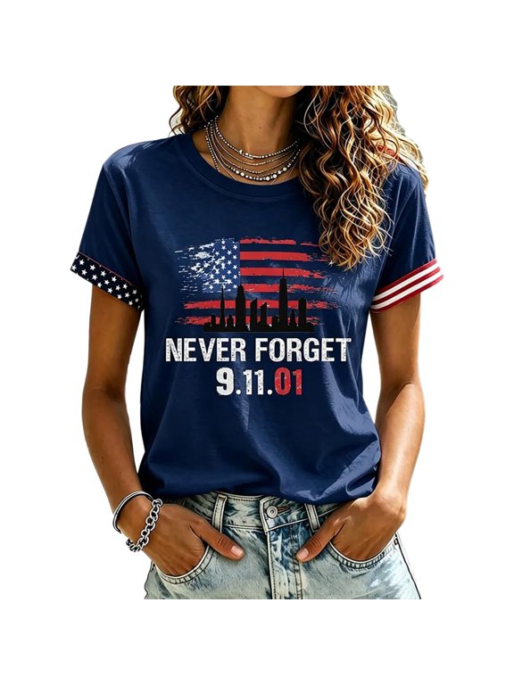9/11 25Th Anniversary Shirt Womens Memorial Never Forget 911 Graphic Tee | 9-11 Shirt American Flag Patriotic Shirts Crew Neck Vintage Retro Remember Honor Faith Hope Courage Tops, 2XL