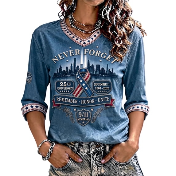 9/11 25th Anniversary Commemorative T Shirt for Women V Neck 3/4 Sleeve Light Casual Layering Memorial Shirts