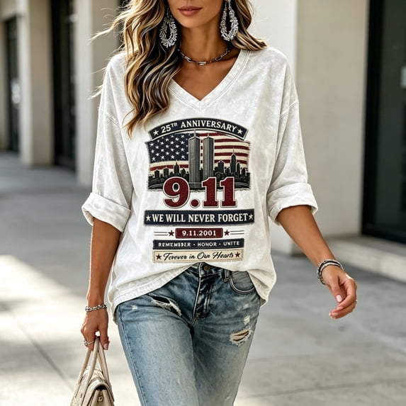 9/11 25th Anniversary Commemorative T-Shirt for Women V Neck Tops 3/4 Sleeve Tshirts Vintage Memorial Tee White M