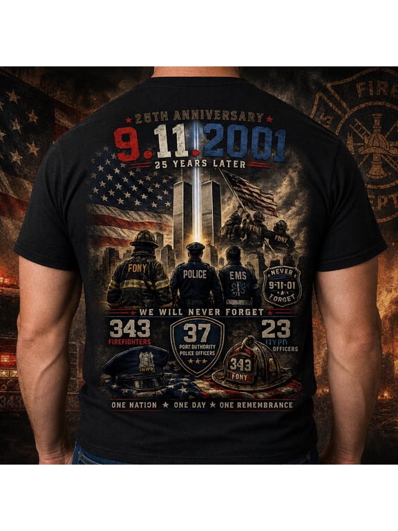 9/11 25th Anniversary Memorial Firefighter Shirt, Never Forget 9-11-2001 Tribute Tee, FDNY Police EMS Patriotic T-Shirt, Unisex 2-Side Multicolor