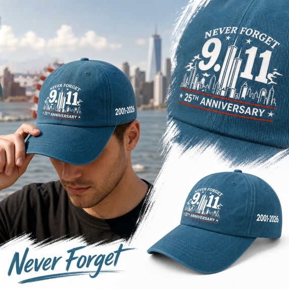 9/11 25th Anniversary Memorial Hat, Never Forget 2001-2026 Washed Cotton Baseball Cap, Vintage Embroidered Patriot Dad Hat for Men Women