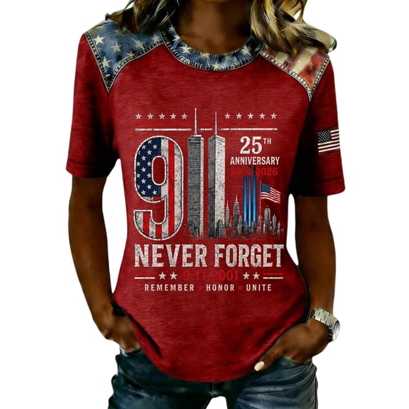 9/11 25th Anniversary Memorial T-Shirt 25th Anniversary Usa Shirts Casual Tops Patriotic We Will Never Forget Vintage Tee Tops