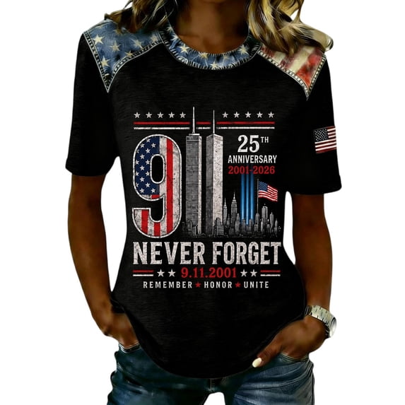 9/11 25th Anniversary Memorial T-Shirt American Flag Print Crew Neck Short Sleeve Tops Patriotic We Will Never Forget Vintage Tee Tops
