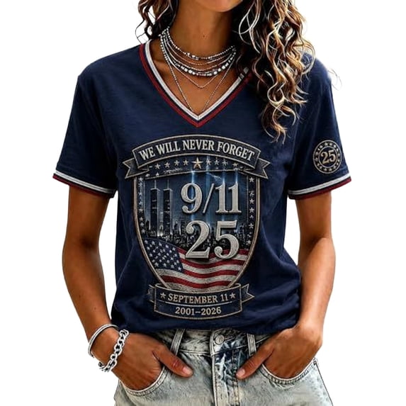 9/11 25th Anniversary Memorial T-Shirt Patriot Day Memorial Tops for Women 9/11 25th Anniversary Tshirt We Will Never Forget Short Sleeve Tee