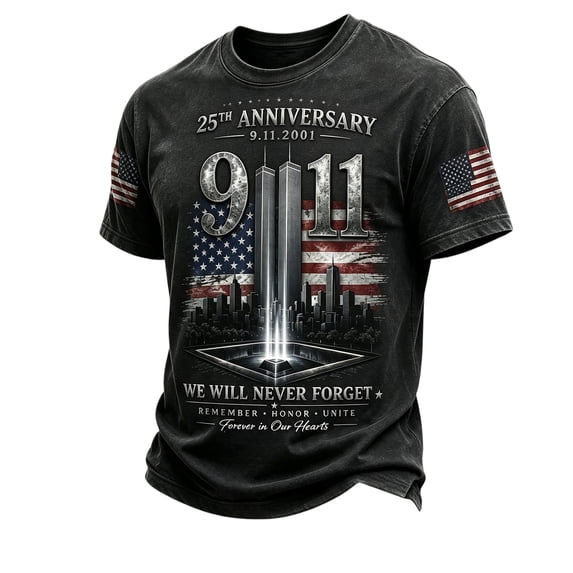 9/11 25th Anniversary Never Forget Men's T-Shirt - Casual Memorial Pullover with Short Sleeve and Classic Crew Neck for Daily Tribute Dark Gray M