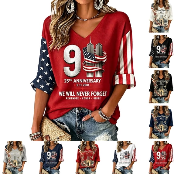 9/11 25th Anniversary Shirt Never Forget 911 Memorial Day 3/4 Sleeve Womens T Shirts Patriotic American Flag Faith Tee Red 3XL