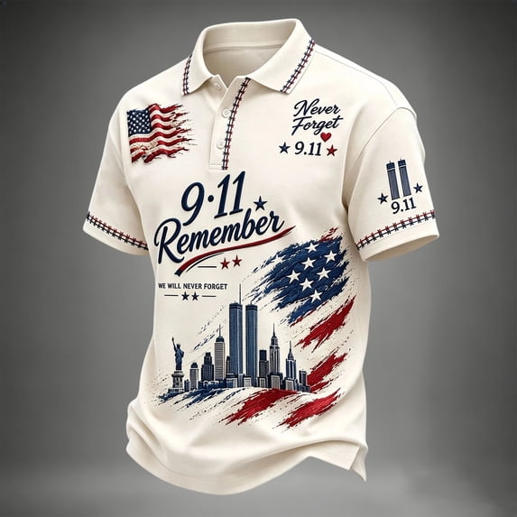 9/11 25th Anniversary Shirt Polo Shirts for Men 911 Never Forget Memorial Day Patriotic Vintage Shirts for Men Beige 2XL