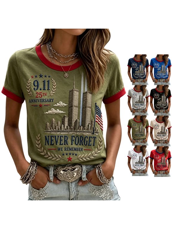 9/11 25th Anniversary Shirt Short Sleeve Tops for Women We Will Never Forget 911 Patriotic Vintage Memorial Day Faith Tshirt Army Green M