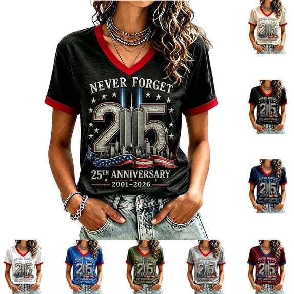 9/11 25th Anniversary Shirt T Shirts for Women Never Forget 911 Patriotic American Flag Memorial Day Honor Tops Black XXL