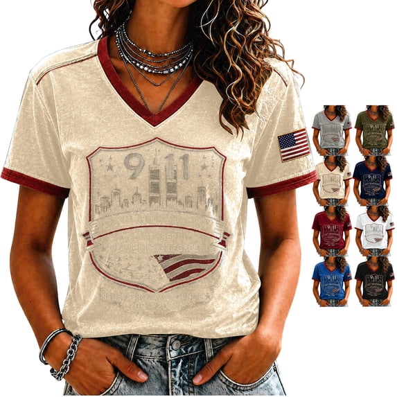 9/11 25th Anniversary Shirt T Shirts for Women We Will Never Forget 911 Patriotic Vintage Memorial Honor Tops Beige S