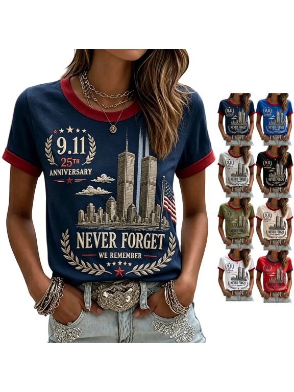 9/11 25th Anniversary Shirt Womens T Shirts 2001-2026 911 Never Forget Anniversary Patriotic Memorial Day Graphic T-Shirt Navy M