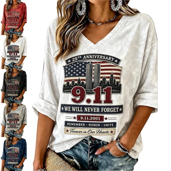 9/11 25th Anniversary Shirt Womens Tops 3/4 Sleeve Never Forget 911 Memorial Patriotic American Flag Graphic T-Shirt White 3XL