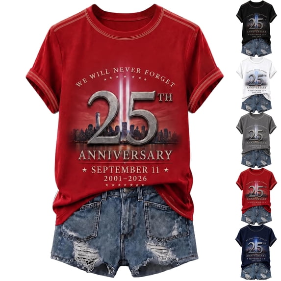 9/11 25th Anniversary Shirt Womens Tops Short Sleeve Never Forget 911 Anniversary Patriotic Memorial Day Faith Tshirt Red L