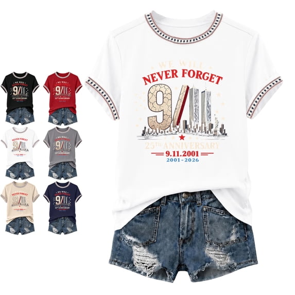 9/11 25th Anniversary Shirt Womens Tops Short Sleeve Never Forget 911 Patriotic American Flag Memorial Day Graphic T-Shirt White S