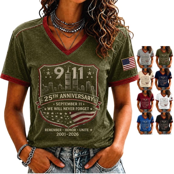 9/11 25th Anniversary Shirt Womens Tops Short Sleeve We Will Never Forget 911 Anniversary Patriotic Memorial Faith Tshirt Army Green S