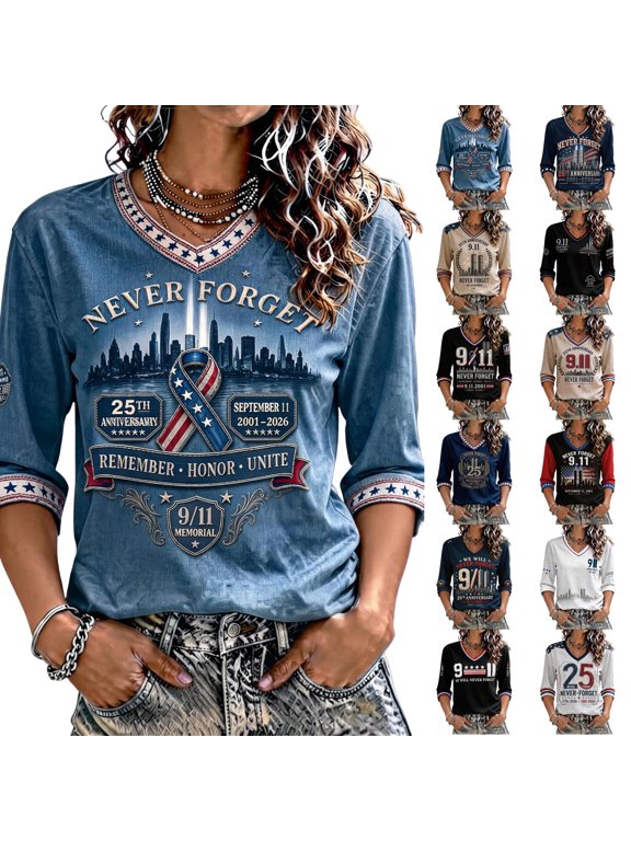 9/11 25th Anniversary Shirt Womens WE Will Never Forget Tee Shirts | Lightweight Fabric, V Neck Short Sleeve Tops, American Flag, 2001-2026 25Th Anniversary Tops, Patriotic Honor Tee Shirt Black,3XL