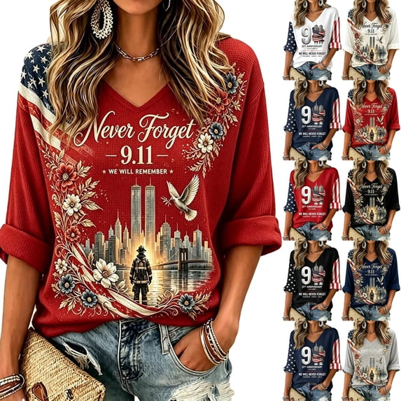 9/11 25th Anniversary Shirt Womens WE Will Never Forget Tee Shirts | Lightweight Fabric,waffle V Neck Short Sleeve Tops, American Flag, 2001-2026 25Th Anniversary Tops, Patriotic Honor Tee Shirt,4XL