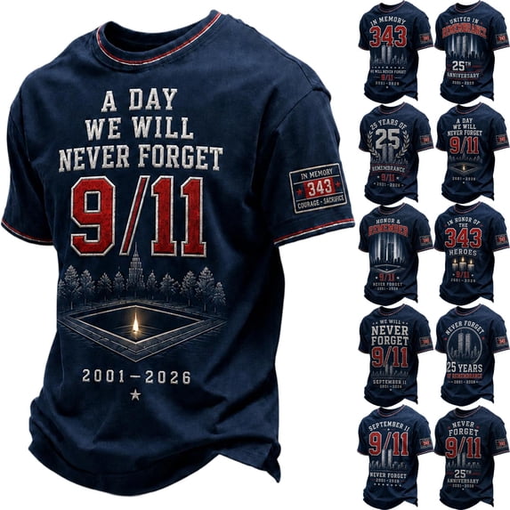9/11 25th Anniversary T-Shirt, Never Forget 911 Graphic Short Sleeve Crew Neck Shirt,Salute to 343 Firefighters American Patriotic 25th Memorial Tee, Red S