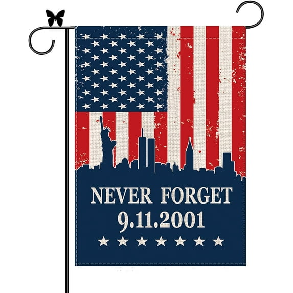 9/11 Garden Flag Never Forget September 11th Firefighter Flags Banner Outdoor Decorative Burlap Double Sided Yard Lawn Home Decor 12.5 x 18 Inch