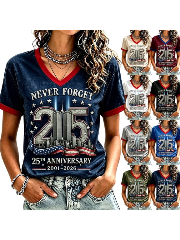9/11 Memorial Never Forget Shirt Womens 9/11 Shirt V Neck Short Sleeve 911 Patriotic T-Shirts | 9/11 Shirts Faith Hope Courage for Women,September 11 Remembrance Events