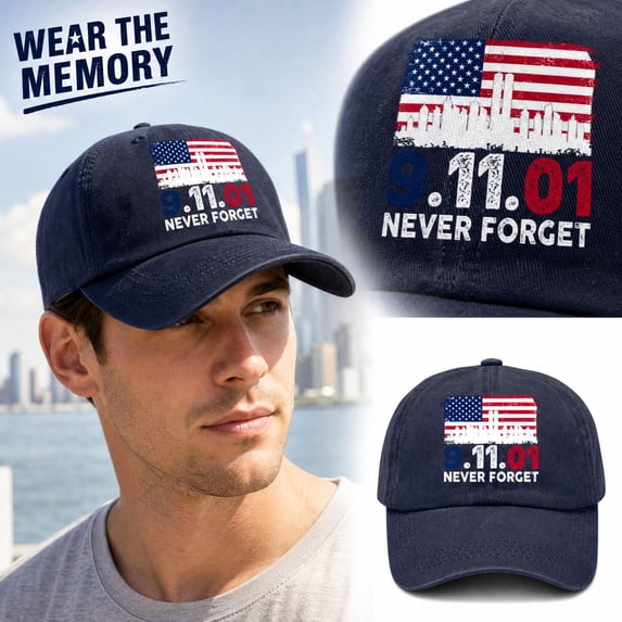 9/11 Never Forget American Flag Baseball Cap - 9.11.01 Twin Towers Vintage Washed Cotton Patriot Day Commemorative Hat, Adjustable Unisex Dad Cap for Men and Women