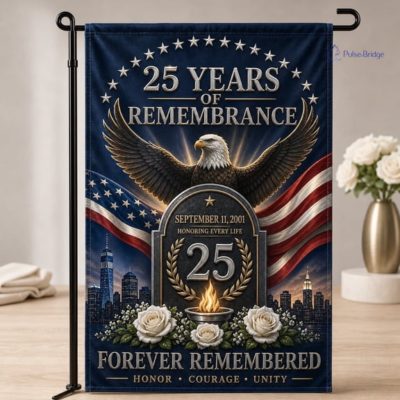 9/11 Remembrance Garden Flag, Patriotic Bald Eagle Twin Towers Banner
