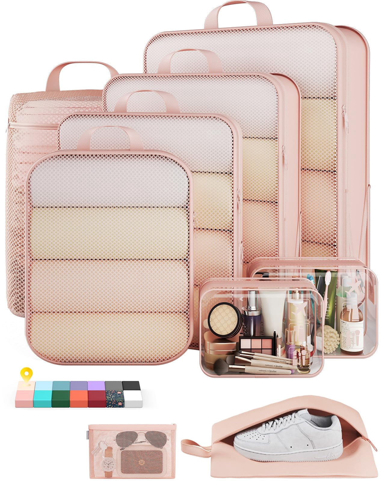 9/11 Set Packing Cubes For Travel Compressible Expandable Large Luggage Suitcase Organizer Bags Clothing Durable Space Saver Storage With Toiletry Bags(beige)