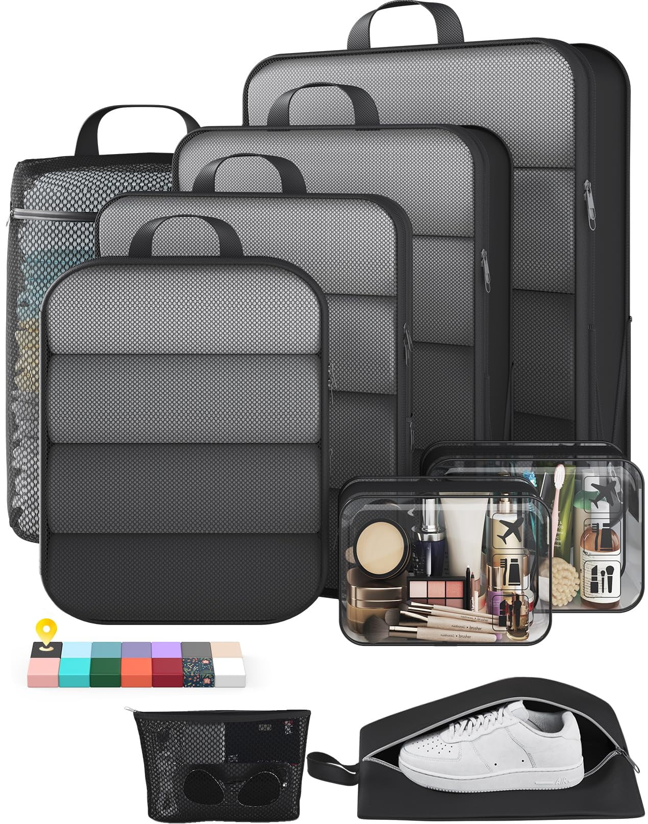 9/11 Set Packing Cubes For Travel Compressible Expandable Large Luggage Suitcase Organizer Bags Clothing Durable Space Saver Storage With Toiletry Bags(black)
