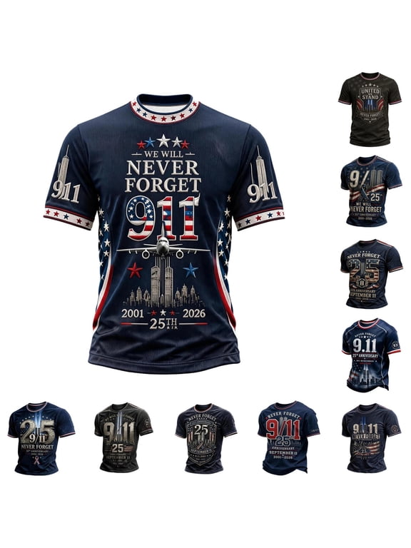 9/11 Shirt for Men Never Forget 911 T Shirt 25th Anniversary USA Shirts American Flag Patriotic Short Sleeve Tops, XL