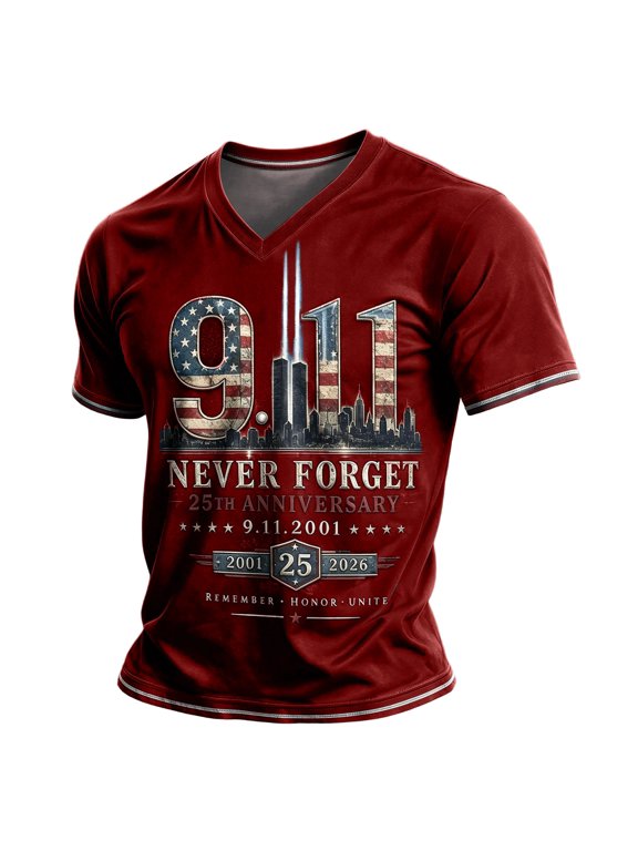 9/11 Shirt for Men Never Forget 911 T Shirt 25th Anniversary USA Shirts American Flag Patriotic Short Sleeve Tops, XL