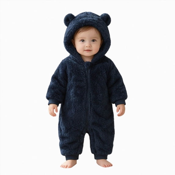 9-12 Months Baby Boys Girls Jumpsuit Fuzzy Fleece Bear Hooded Zip Up Footed