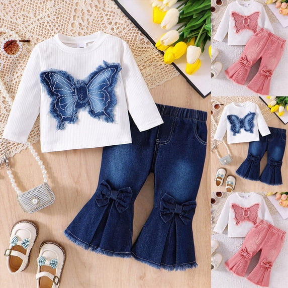 9-12 Months Infant Toddler Girl Clothes Ruffle Long Sleeve Baby Girl Clothes 2pcs Outfits Butterfly Girls Set 6-12 Months 12-24 Months 2T 3T 4T 5T 6T 7T Set