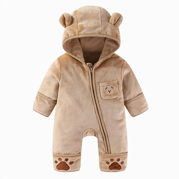 9-12 Months Newborn Baby Bear Outfit With Fold Over Mittens Footies Thin Fleece Romper Hooded Jumpsuit Winter Coat Sleep & Play One-Piece Bodysuit Newborns Everyday Wear