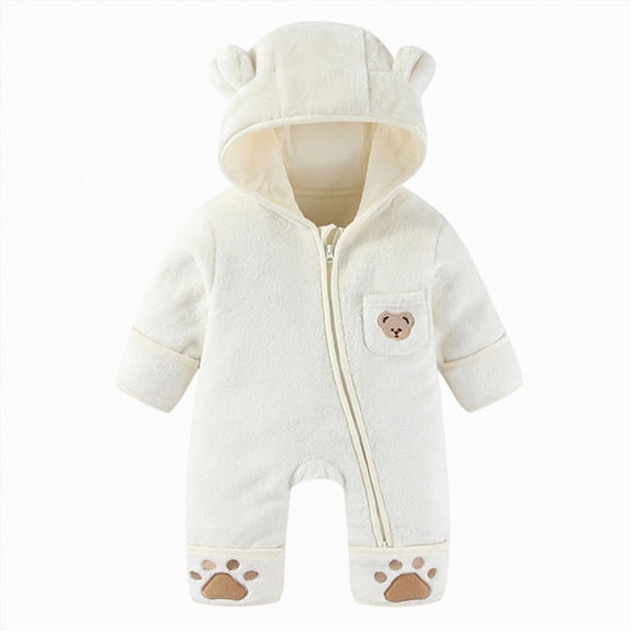 9-12 Months Newborn Baby Bear Outfit With Fold Over Mittens Footies Thin Fleece Romper Hooded Jumpsuit Winter Coat Sleep & Play One-Piece Bodysuit Newborns Everyday Wear