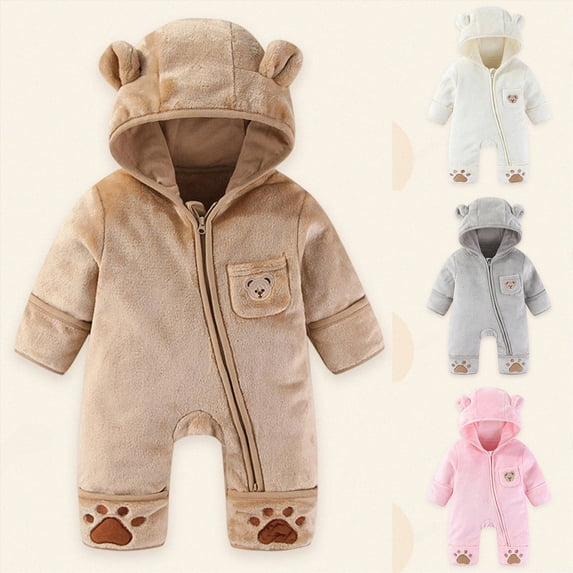 9-12 Months Newborn Baby Bear Outfit With Fold Over Mittens Footies Thin Fleece Romper Hooded Jumpsuit Winter Coat Sleep & Play One-Piece Bodysuit Newborns Everyday Wear