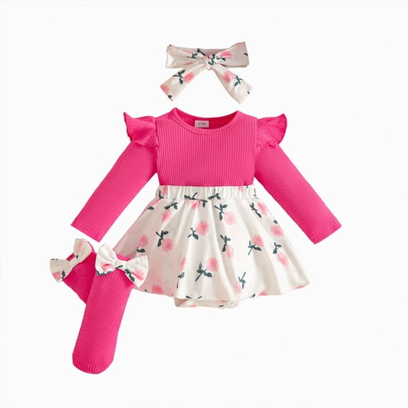 9-12 Months Newborn Baby Girls Bodysuits Cute Print Jumpsuit Headband Socks Four Piece Set