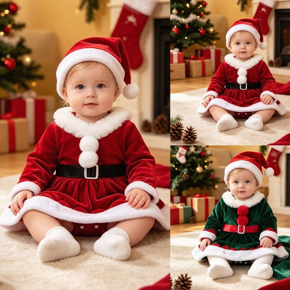 9-12 Months Newborn Baby Girls Christmas Long Sleeved Dress Hat Cute Bodysuits Set Newborn Baby Pajamas Cotton Infant Sleepers Green