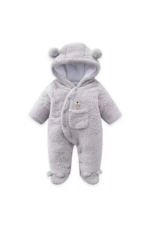 9-12 Months Newborn Infant Baby Girl Winter Clothes Baby Fleece Footie Snowsuit Winter Onesie Cartoon Warm Hooded Outfits for Girls Boys Gray