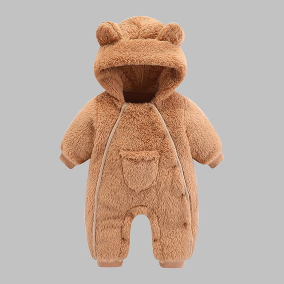 9-12 Months Newborn Infant Baby Girl Winter Clothes Baby Fleece Footie Snowsuit Winter Onesie Cartoon Winter Warm Rompers Hooded Outfits for Girls Boys Khaki