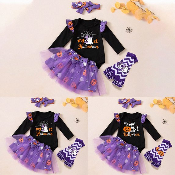 9-12 Months Newborn Preemie Boys Girls Underwear Pajamas Rompers Girls Halloween Long Sleeve Top Skirt Hairband Socks Four Piece Set Purple Rompers Baby Gift