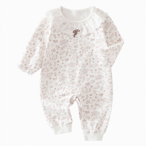 9-12 Months Preemie Baby Girl Romper Long Sleeve Jumpsuit With White Ruffle Floral Bow Infant Clothes Sleep & Play One-Piece Bodysuit