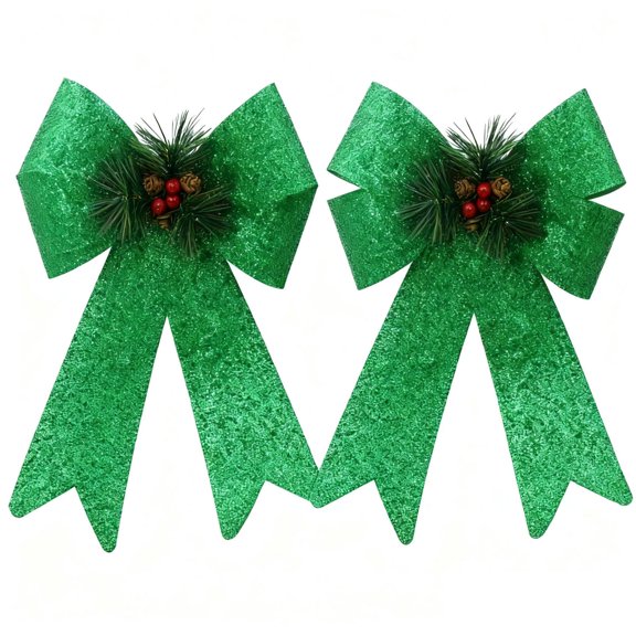 9*12 inch, Large Velvet Christmas Tree Bows, Christmas Bows with Pine Cones Pine Needles, Large Christmas Bows for Tree Wreath Stairs Railing Fireplace Indoor Decor